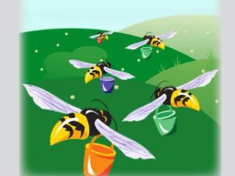 Gezeichnete Bienen fliegen mit bunten Eimerchen über grüne Hügel