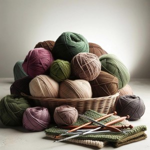 Korb mit Wollknäuel und Häkelnadeln Korb mit Wollknäuel und Häkelnadeln