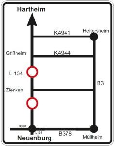 Straßenkarte Neuenburg-Hartheim mit Verbotsschild und Umleitungsweg