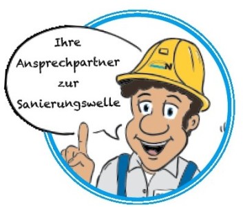 Rheiner mit Sprechblase, in welcher Ihre Ansprechpartner zur Sanierungswelle steht