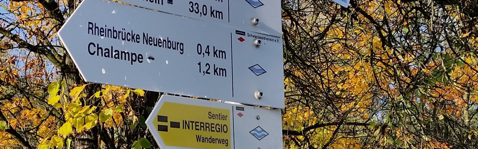 Verschiedene Wanderschilder mit Schild Interregio Wanderweg