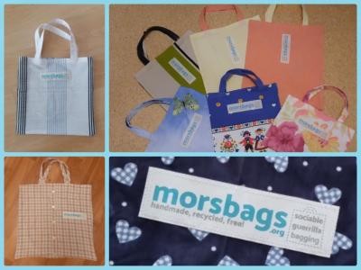 viele bunte Taschen und eine Abbildung des morsbags-Labels