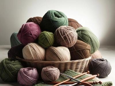 Korb mit Wollknäuel und Häkelnadeln Korb mit Wollknäuel und Häkelnadeln