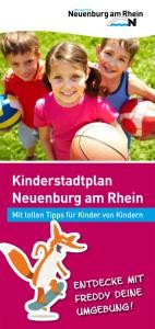 Titelseite Flyer Kinderstadtplan, Kinder mit Bällen und ein Fuchs auf einem Skateboard