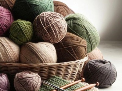 Bunte Wollknäuel in einem Korb, im Vordergrund Häkelnadeln und gehäkelte Stücke. Bunte Wollknäuel in einem Korb, im Vordergrund Häkelnadeln und gehäkelte Stücke.