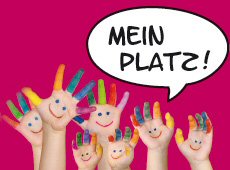 Bemalte Kinderhände - Zur Anmeldung auf das Bild klicken! Sieben bunt bemalte Kinderhände die ein Gesicht darstellen.